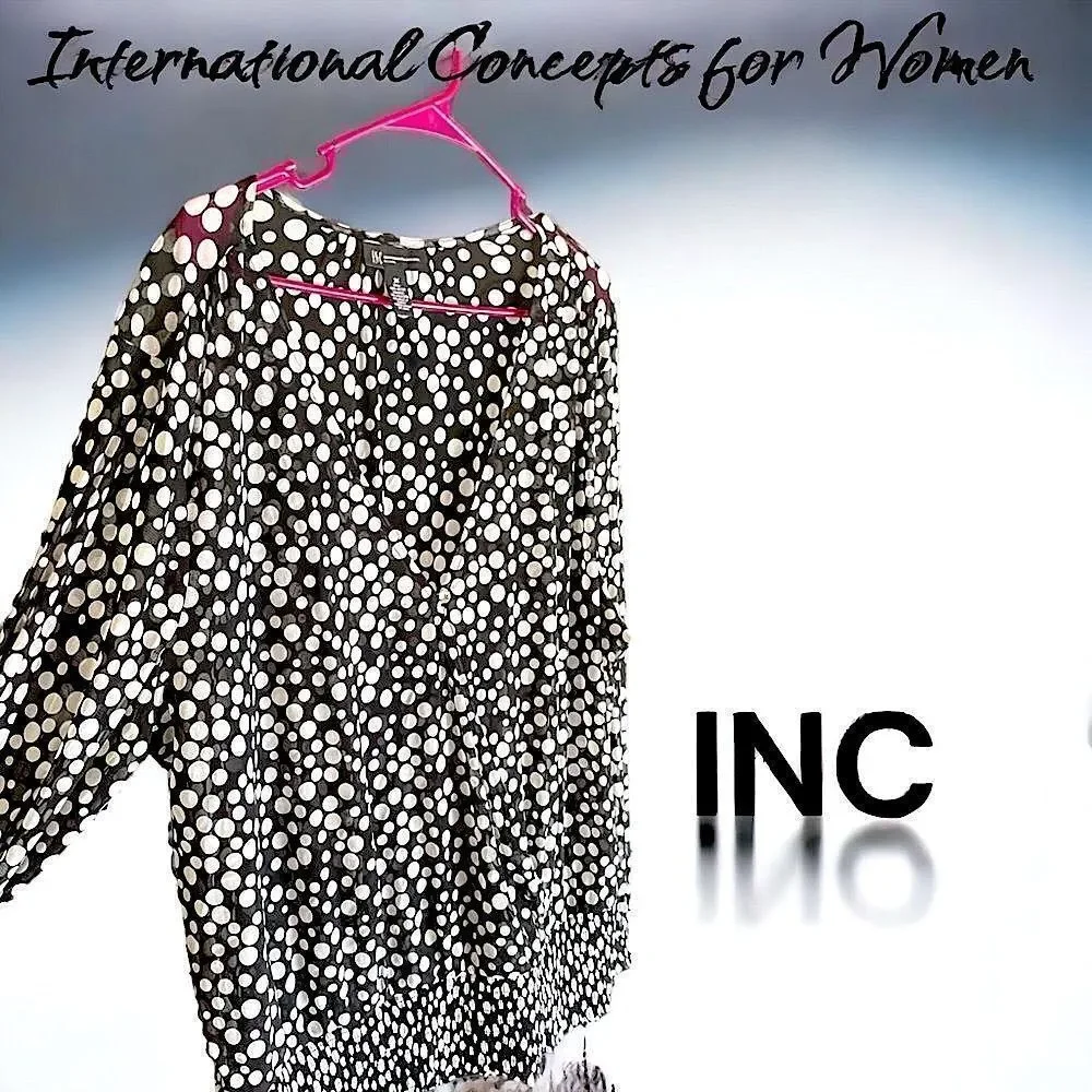 INC l Black ‘n White l Polka Dotted l Sheer Blouse l Long Sleeve l Sheer l 3X